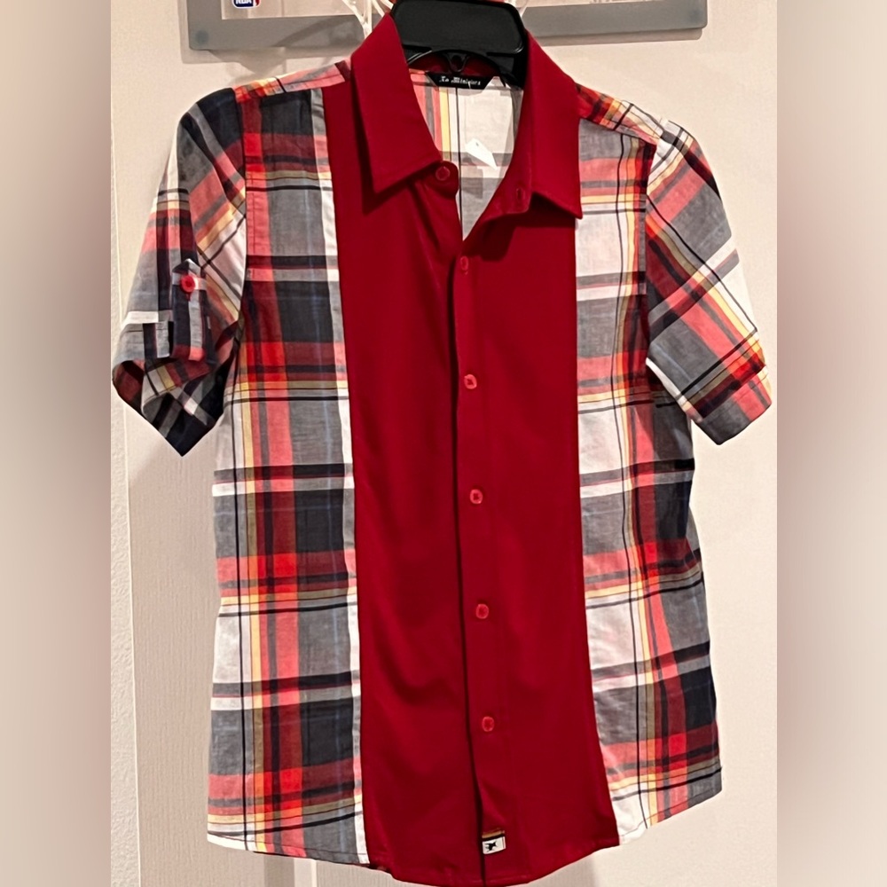 La Miniatura -Trendy Plaid Mixed Media Button Down Shirt • Boys Size 14